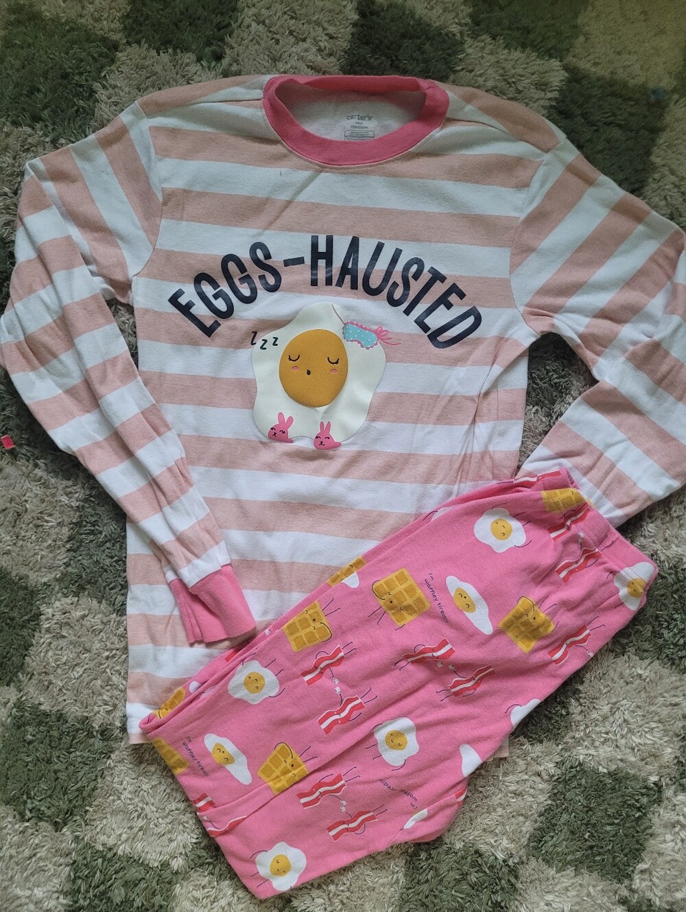 Carter's Pink and White Striped Pajama Set with Egg & Breakfast Print